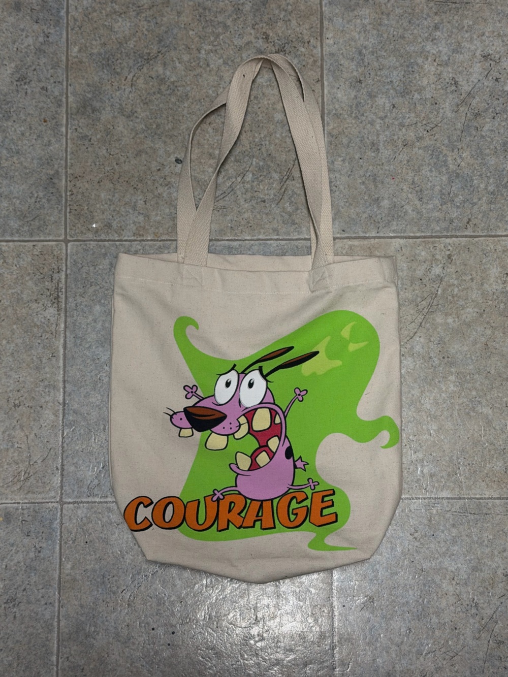 Canvas Tote Bag with Courage the Cowardly Dog Graphic - Beige and Green